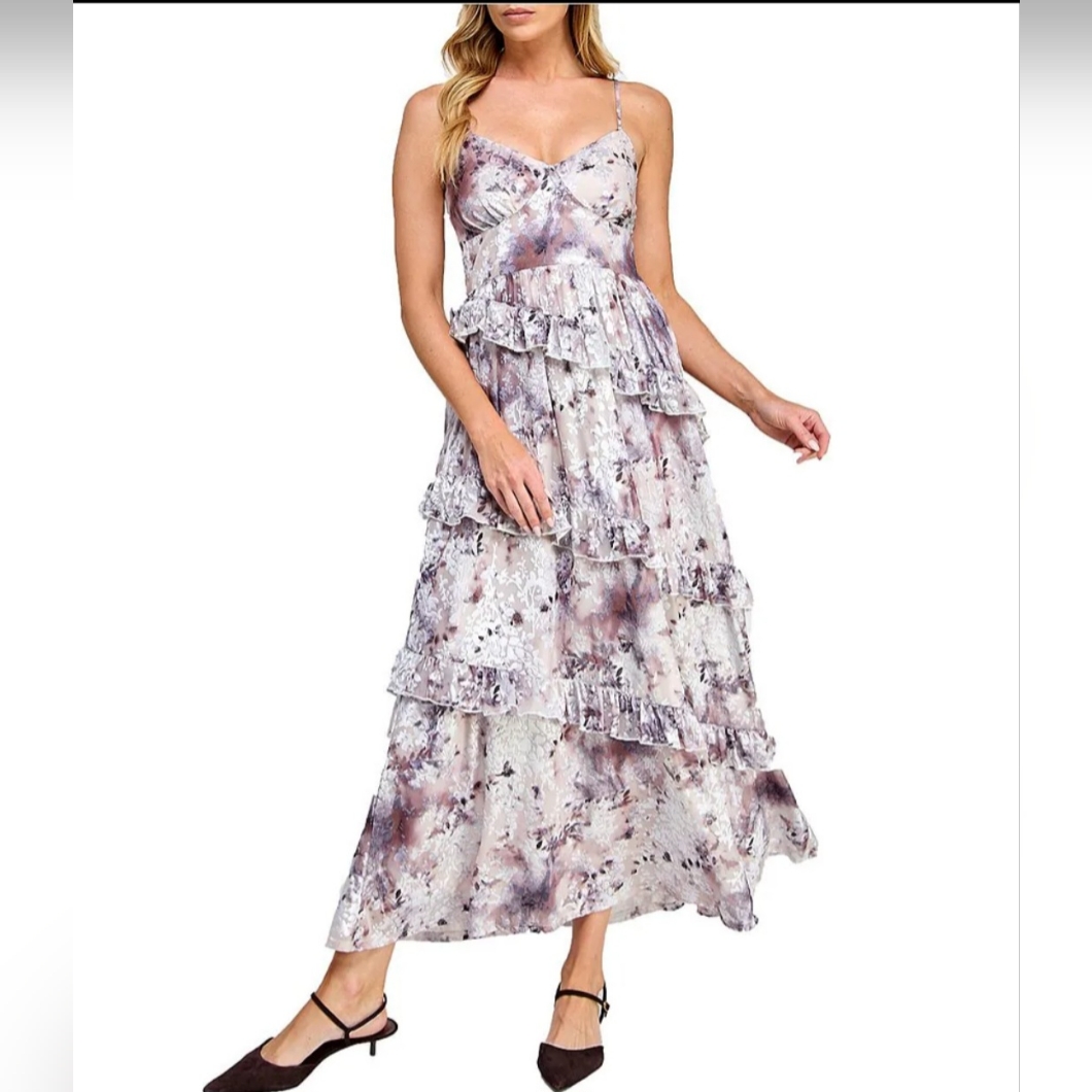 Layered With Love Ava Sweetheart Neck Printed Burnout Velvet Ruffle Maxi Dress